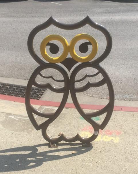 Bike rack shaped like an owl, by the Los Altos library