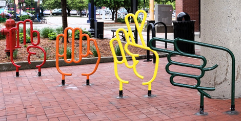 Bike racks in the shape of hands showing sign language - Fargo, ND